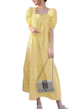 Loose Sweet Square Collar Plaid Puff Short Sleeve  Dress